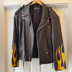 Men's Black Leather Jacket with Yellow Flame Design